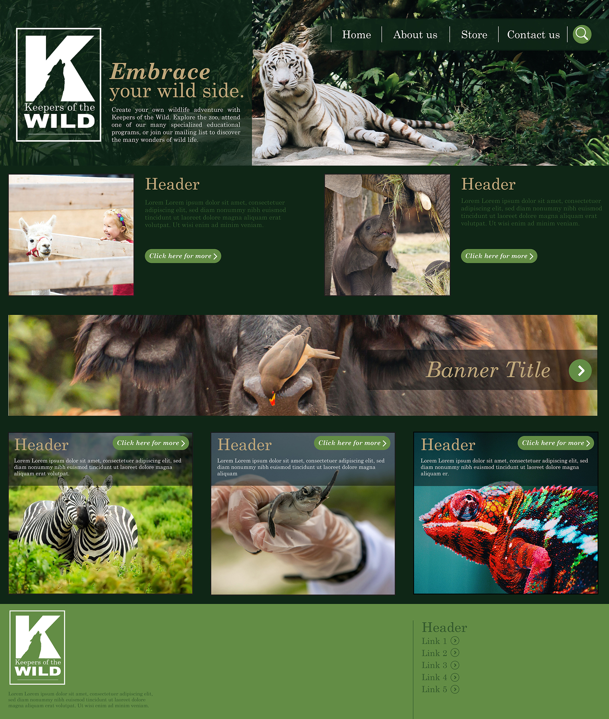 <b>Keepers of the Wild Webpage</b><br><i>Created using Illustrator.</i><br>The naturalistic colors and simple design of this zoo website homepage are utilized to emphasize the busy, colorful images used.